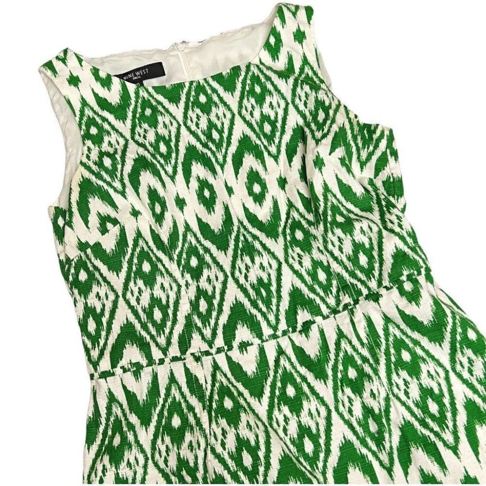 Nine West Green White Ikat Print Dress Size 10 Sleeveless A-Line Spring - Picture 11 of 11